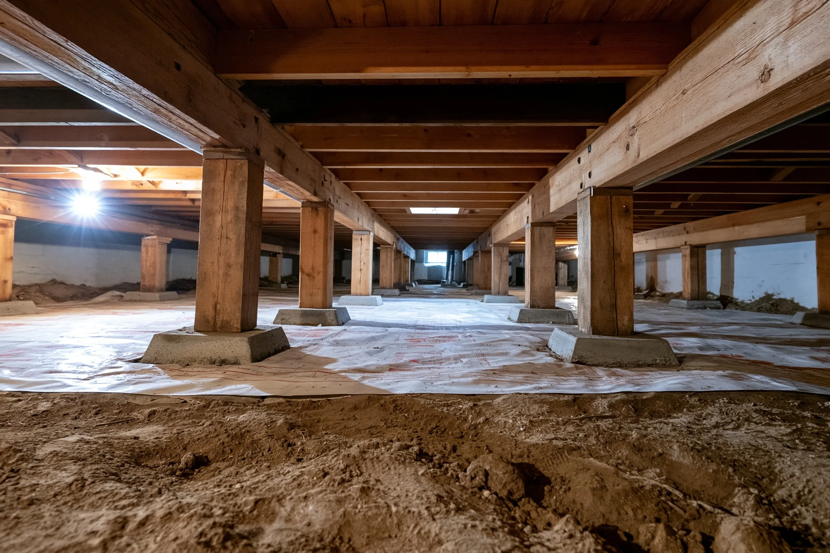 Timber posts on concrete pads holding wood girders and floor joists in a low crawlspace under a house