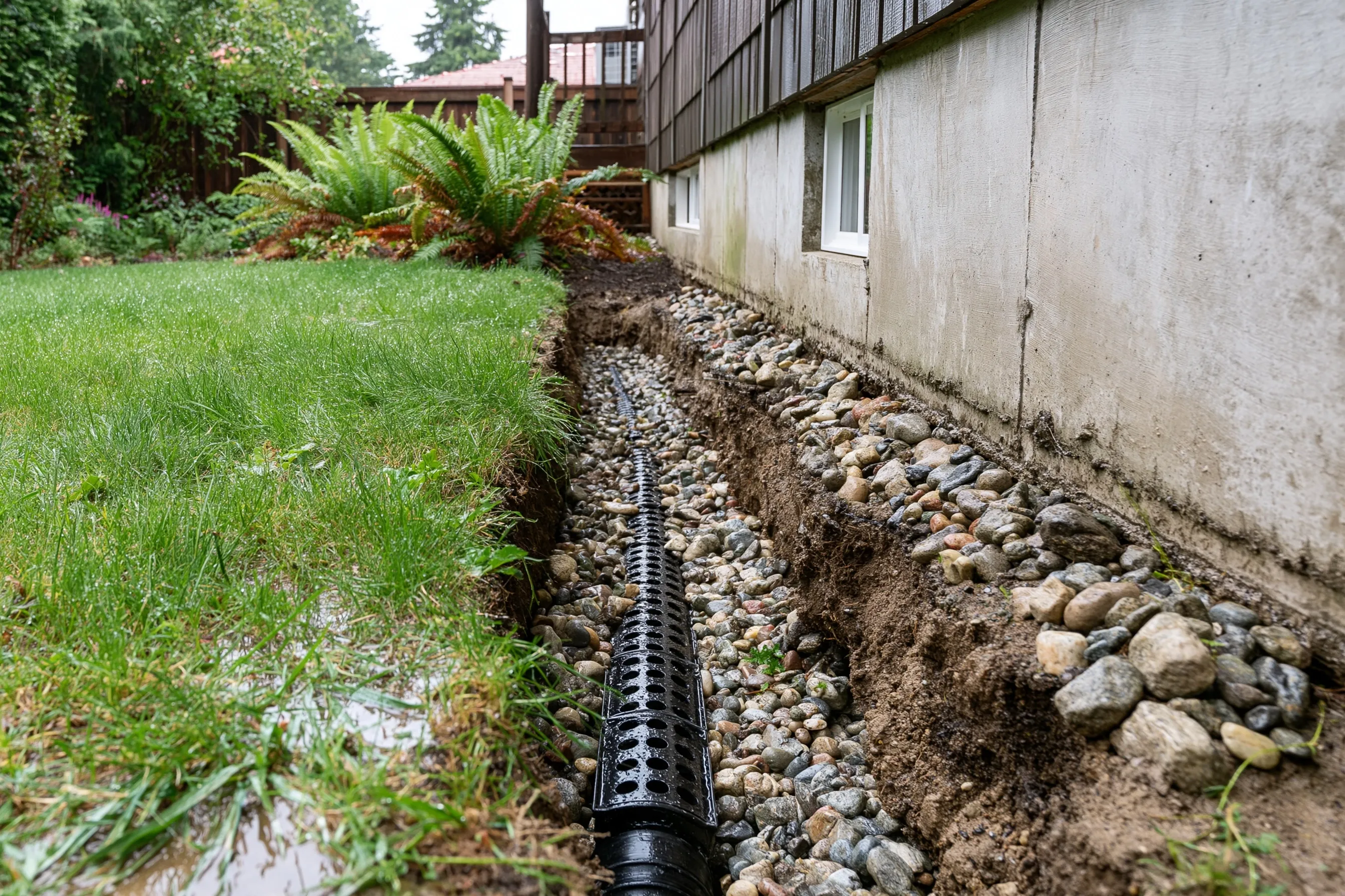A trench along the outside of a foundation wall with a perforated drain pipe laid in washed gravel at footing level
