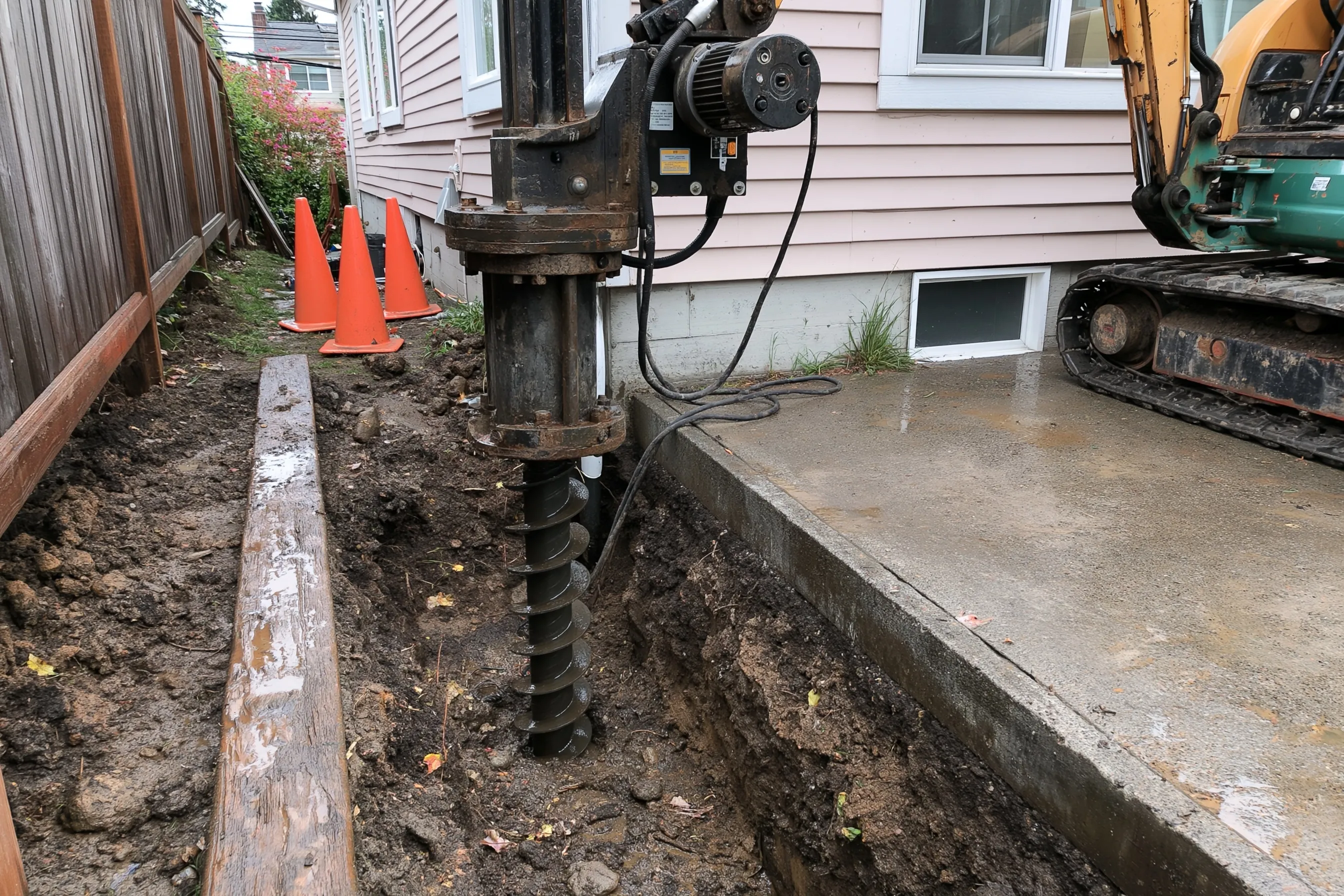 A drive head on a small excavator turning a steel helical shaft into a trench beside a house foundation