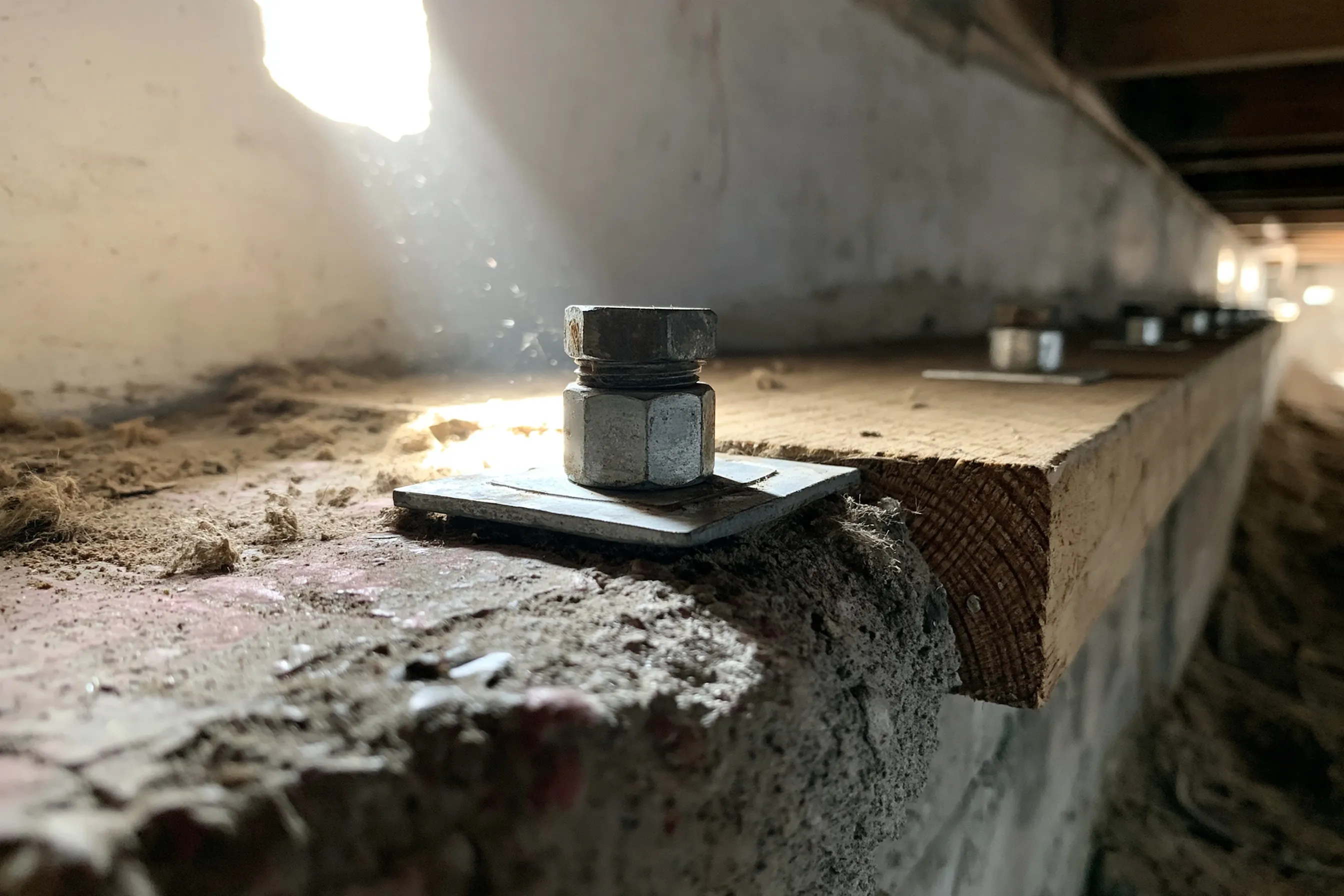 A steel anchor bolt with a square washer plate holding a wood sill plate to a concrete stem wall inside a crawlspace